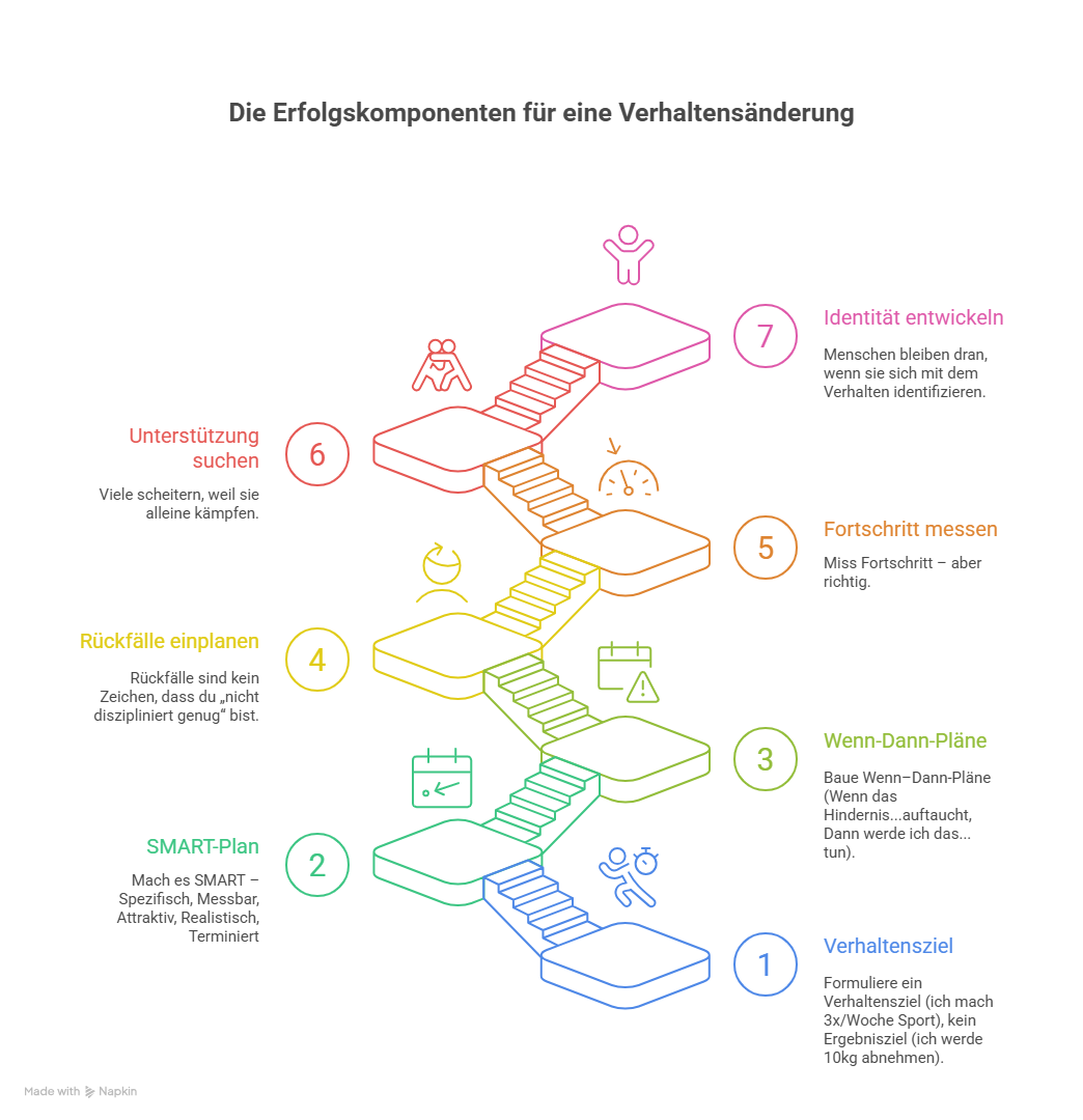 Schritt 1: Formuliere ein Verhaltensziel, kein Ergebnisziel ❌ „Ich will 8 Kilo abnehmen.“ ✅ „Ich esse an 5 Tagen pro Woche ein proteinreiches Frühstück.“ ✅ „Ich bewege mich 3x pro Woche 20 Minuten.“ Warum? Verhalten liegt in deiner Kontrolle – Ergebnisse sind Folgen. Schritt 2: Mach es SMART – und dabei lieber klein als groß Ein guter Startplan ist nicht „maximal motiviert“, sondern minimal machbar. Beispiel: Was: 2 Trainingseinheiten pro Woche Wann: Dienstag 18:00 und Samstag 10:00 Wie lange: 30 Minuten Wo: Zuhause oder Studio X Wenn du jetzt denkst „Das ist zu wenig“: Perfekt. Das bedeutet, es ist alltagstauglich. Wachstum kommt später. Schritt 3: Baue Wenn–Dann-Pläne (Implementation Intentions) Das ist ein enorm wirksames Werkzeug: Wenn es 18:00 ist, dann ziehe ich sofort meine Sportsachen an. Wenn ich müde bin, dann mache ich nur 10 Minuten (statt gar nicht). Wenn ich auswärts esse, dann bestelle ich zuerst Gemüse/Salat. Wenn–Dann-Pläne sparen Disziplin, weil sie Entscheidungen automatisieren. Schritt 4: Plane Rückfälle ein (ja, wirklich) Rückfälle sind kein Zeichen, dass du „nicht diszipliniert genug“ bist. Sie sind normal. Lege vorher fest: Was ist mein Minimum, wenn es stressig wird? (z. B. 10 Minuten spazieren) Wie steige ich nach einem Aussetzer wieder ein? (z. B. nächster Fixtermin) Was ist mein „Notfallplan“, wenn ich krank bin oder unterwegs? Schritt 5: Miss Fortschritt – aber richtig Nicht nur „Gewicht“ oder „Leistung“. Miss die Umsetzung: Wie oft habe ich mein Verhalten gemacht? Wie leicht fiel es mir? Welche Hürden sind aufgetreten? Was hat geholfen? Das stärkt Selbstwirksamkeit, weil du siehst: „Ich kann Einfluss nehmen.“ Schritt 6: Hol dir Unterstützung – und mache sie konkret Viele scheitern, weil sie alleine kämpfen. Unterstützung kann heißen: Trainingspartner Coach feste Termine Gruppenkurs Check-in-System (z. B. jede Woche Sonntag) Wichtig: Unterstützung ist kein Zeichen von Schwäche – sie ist eine Strategie, die Disziplin ersetzt. Schritt 7: Entwickle Identität statt nur Ziele Menschen bleiben dran, wenn sie sich mit dem Verhalten identifizieren: „Ich bin jemand, der sich bewegt.“ „Ich sorge für meine Gesundheit.“ „Ich kann mit Stress umgehen.“ Das macht aus „Ich muss“ ein „Das bin ich“.