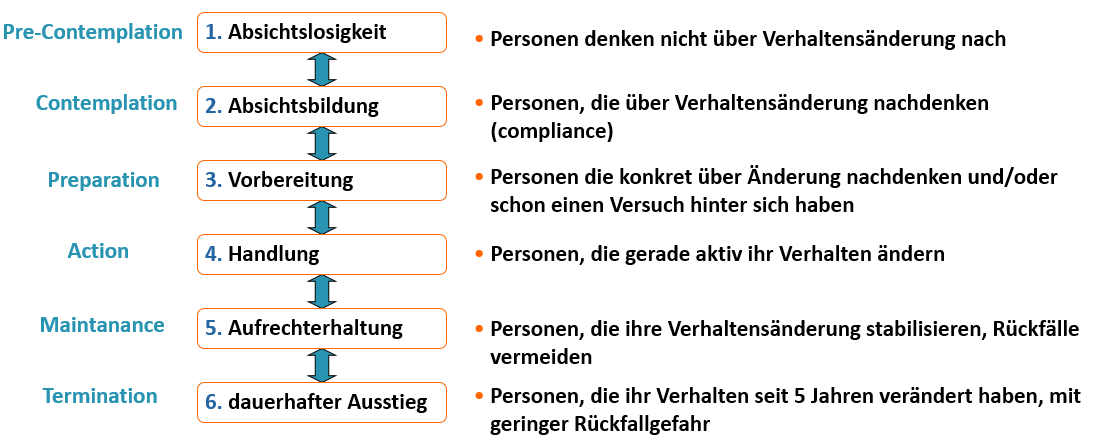 Die Grafik stellt die 6 Stufen des transtheoretischen Models dar.