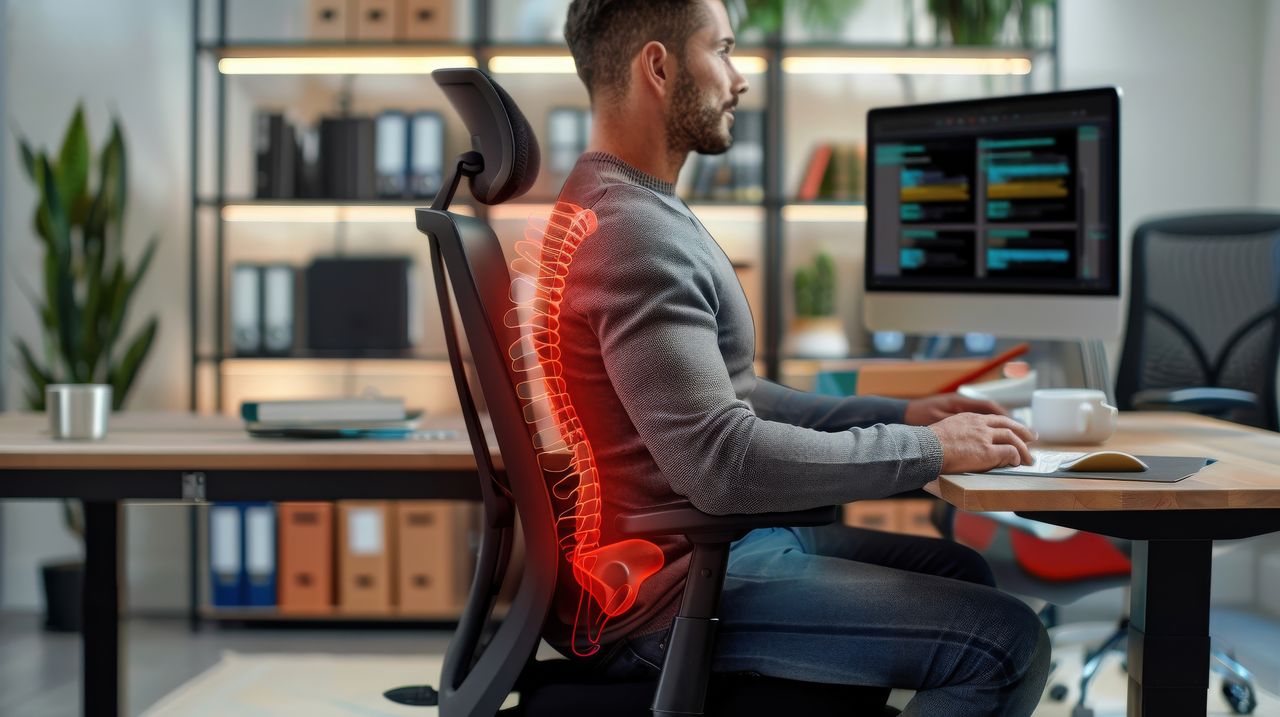 A man in an office setting with highlighted spine, showcasing the importance of ergonomic seating.